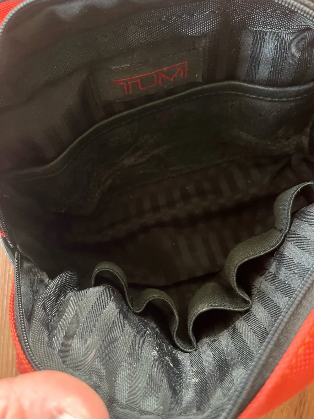 Tumi Red Travel Makeup Pouch with Black Handle